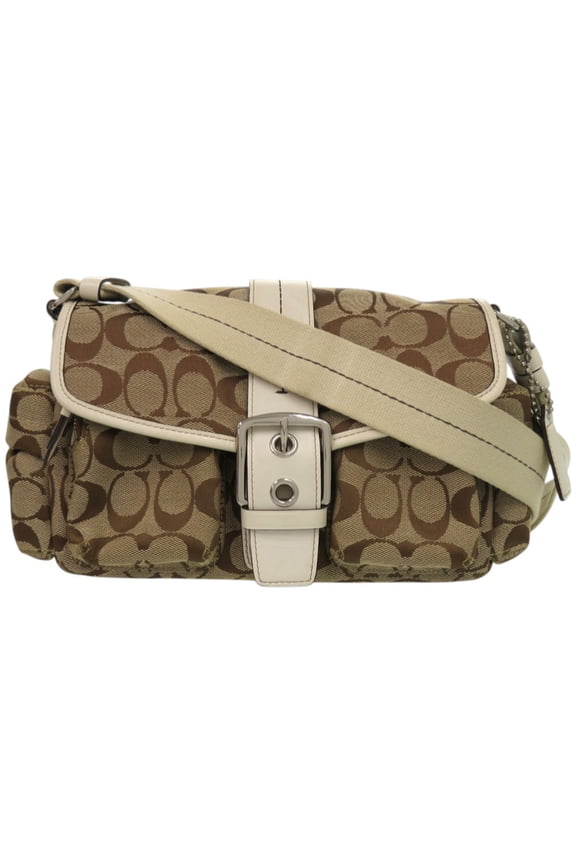 Pre-Owned Coach Signature Leather Canvas Brown Shoulder Bag 0663 COACH (Good)