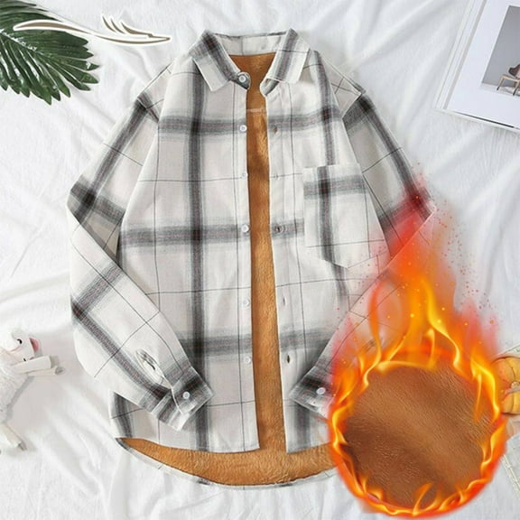 Winter Clearance! purcolt Men's Plus Size Plush Thick Warm Plaid Shirts Fall Winter Long Sleeve Button Down Fleece Lined Plaid Flannel Jacket Casual Coat Outerwear with Pockets