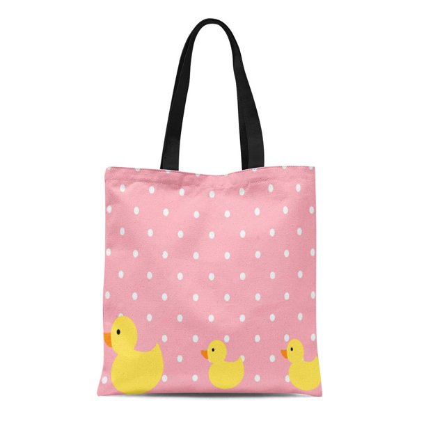 ASHLEIGH Canvas Tote Bag Yellow Ducky Rubber Ducks on Pink Polka Dots