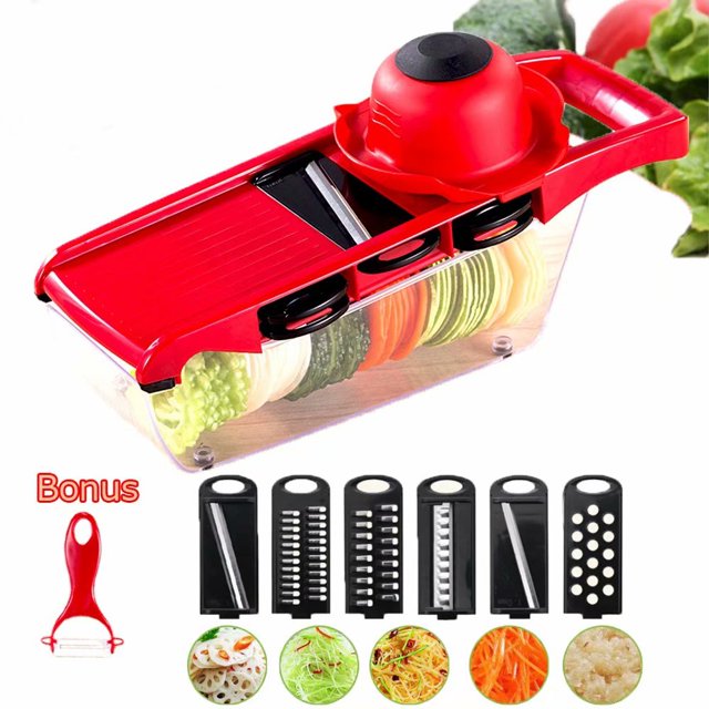 Mandoline Slicer Adjustable Vegetable Shredder Professional Cubing Mandoline Slicer Handheld Baby Food Chopper With 6 Interchangeable Blades Hand Protector for Kitchen