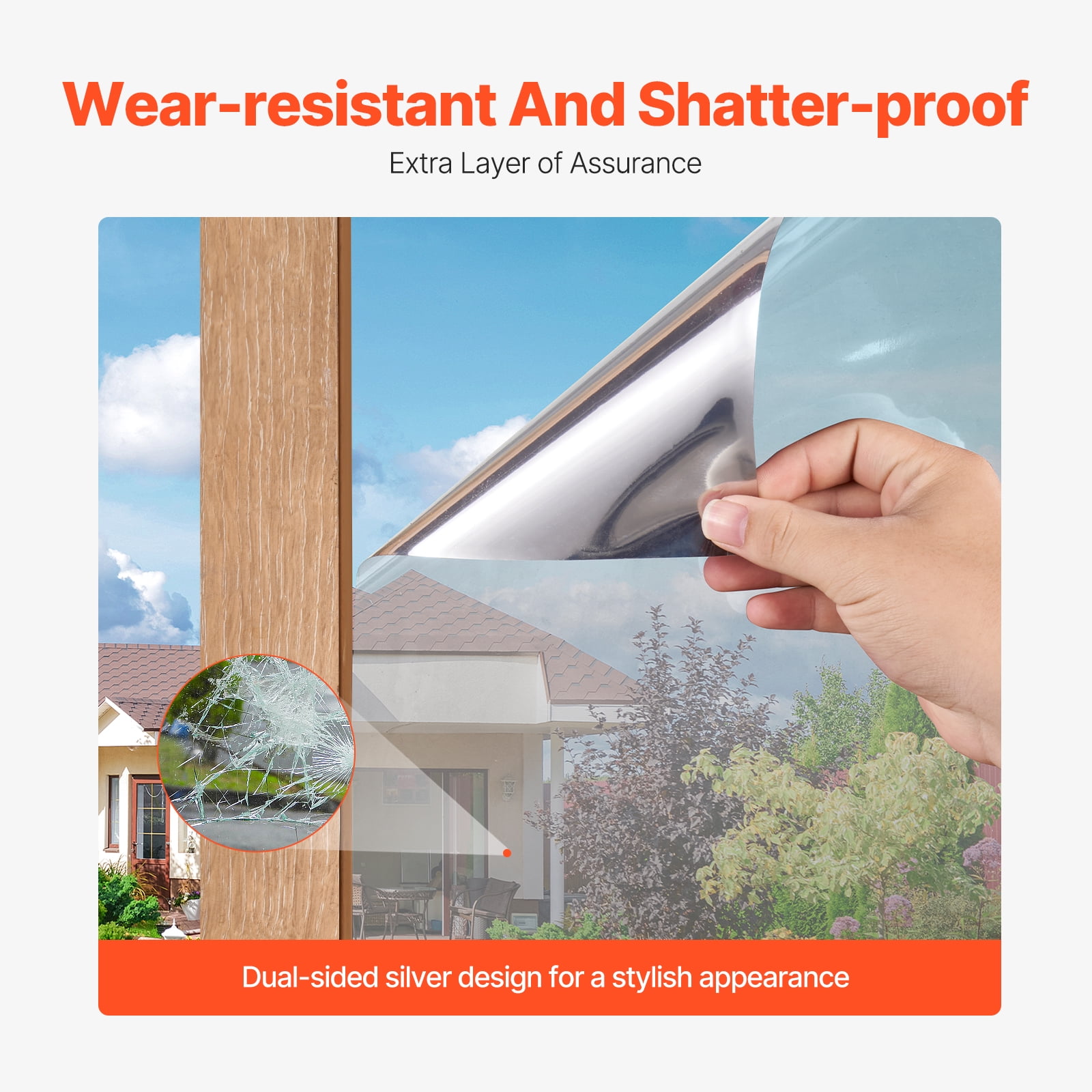 VEVOR Window Privacy Film, One Way Window Tint, Privacy Mirror Reflective Film, Sun Blocking Heat Control Glass, Self-Adhesive, See out Not in Window Film for Home and Office, Silver, 36 in x 49.3 ft
