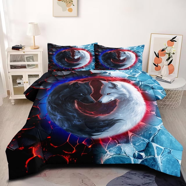 Juego de edredón CoutueChen con diseño de lobo blanco y negro, tamaño doble, 3 piezas