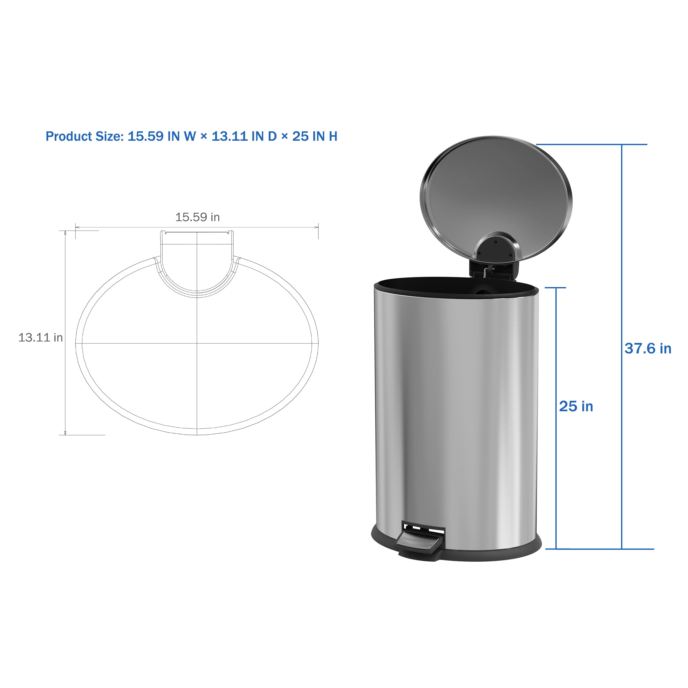 Koomade Kitchen Trash Can, 10.5 Gal Stainless Steel  Soft Close Step Garbage Bin with Lid, Silver