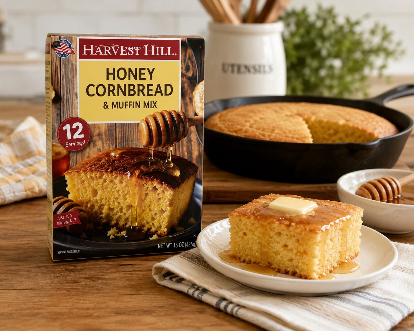 Harvest Hill Honey Cornbread & Muffin Mix, 2-Pack, 15 oz Each Box, Makes Up to 12 Servings per Box, Sweet Honey Flavor, Easy Bake Mix