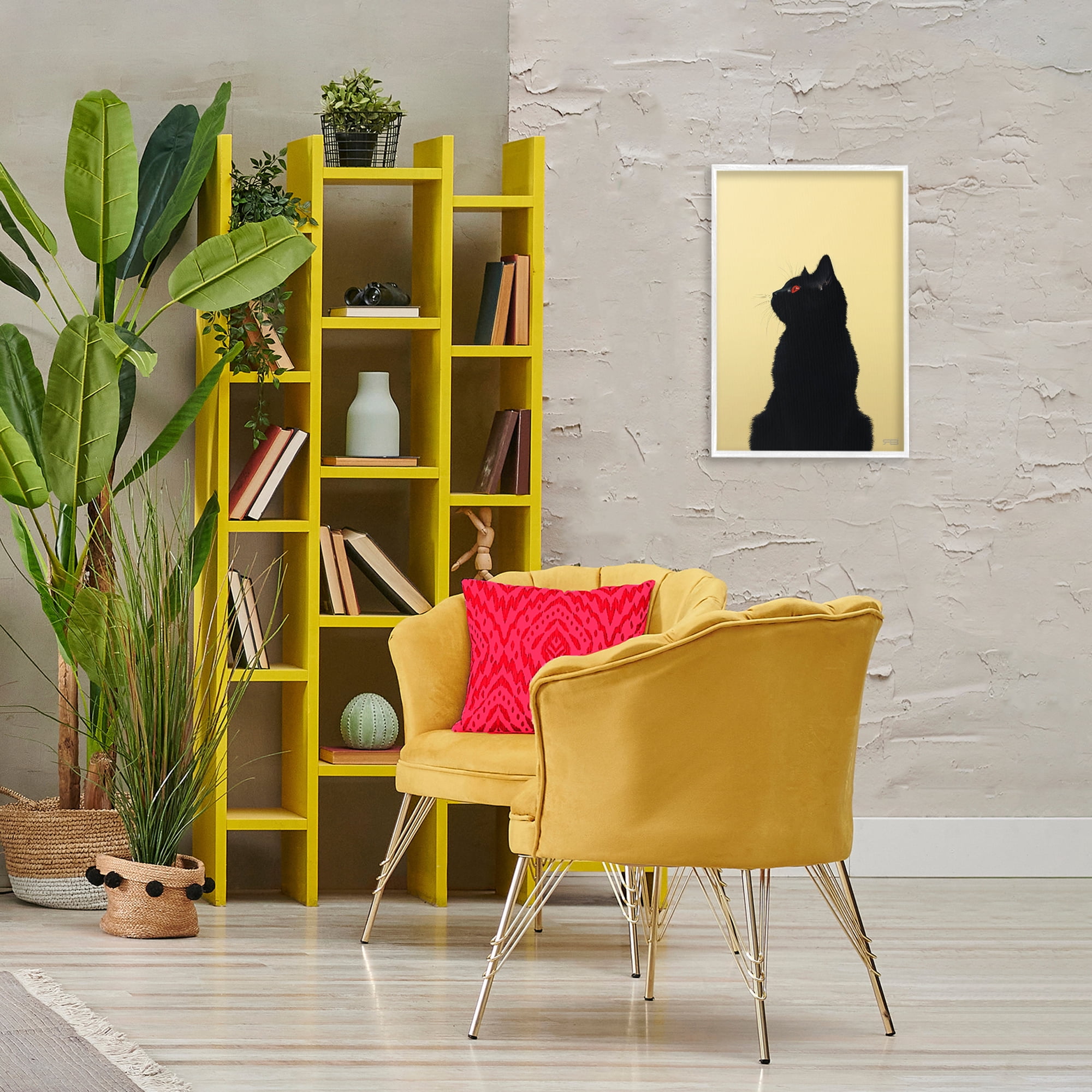 Stupell Industries Black Cat on Yellow Animals & Insects Painting White Framed Art Print Wall Art, 16 x 24