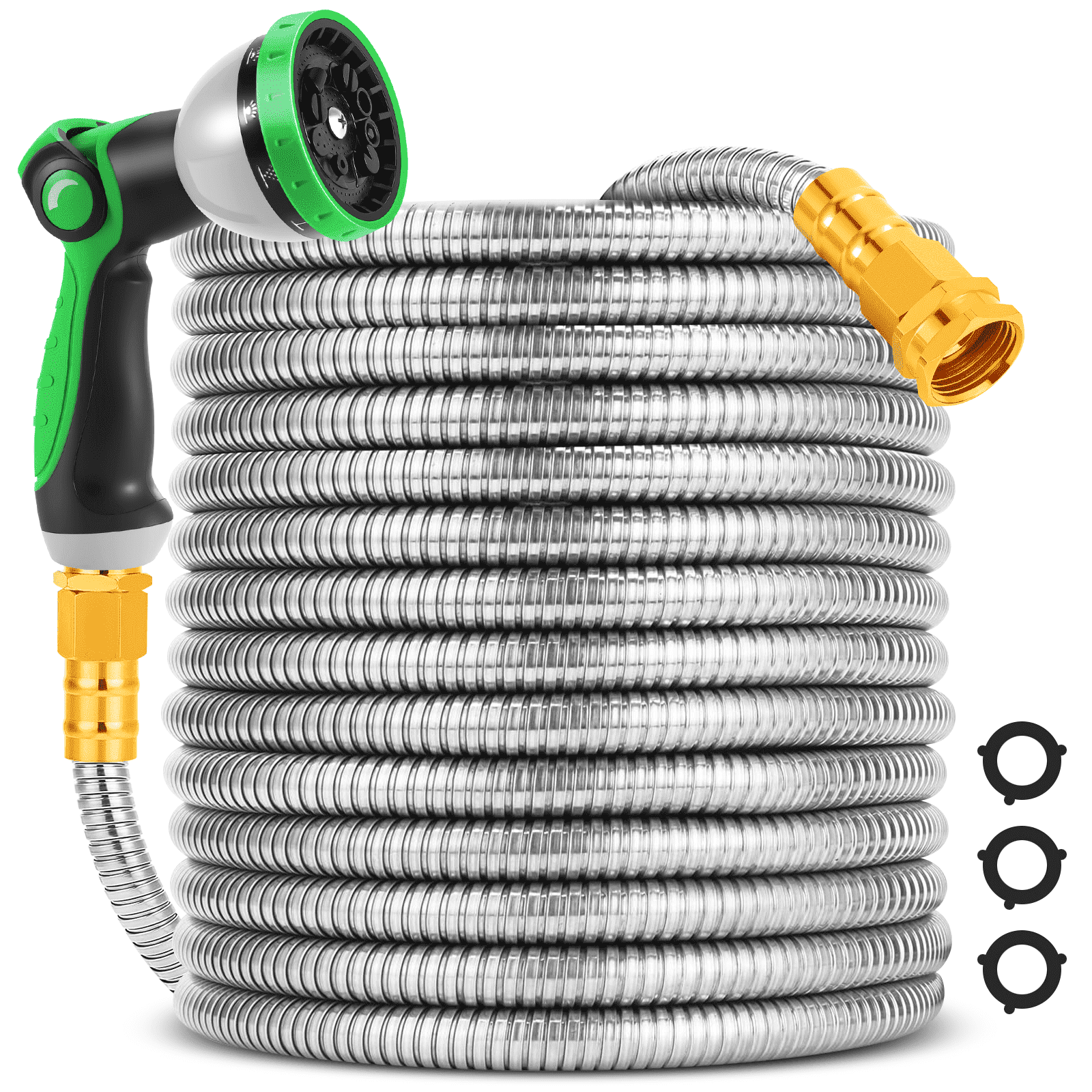 Garden Hose 50FT, Stainless Steel Metal Water Hose with 10-Function Nozzle, Kink-Free, Leak-Proof, Easy to Use and Store for Yard, Lawn, Outdoor