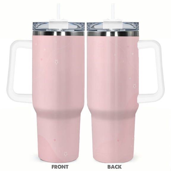 40oz Pink Floral Heart Travel Tumbler with Handle and Straw Lid Cute Car Insulated Coffee Cup Gift for Women