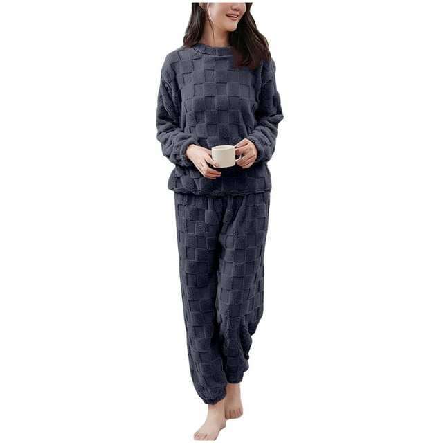 Besolor Pyjama en Molleton Doux pour Femmes, Confortable et Chaud, Col Rond, Manches Longues, Haut et Pantalon, Ensemble de Détente 2 Pcs