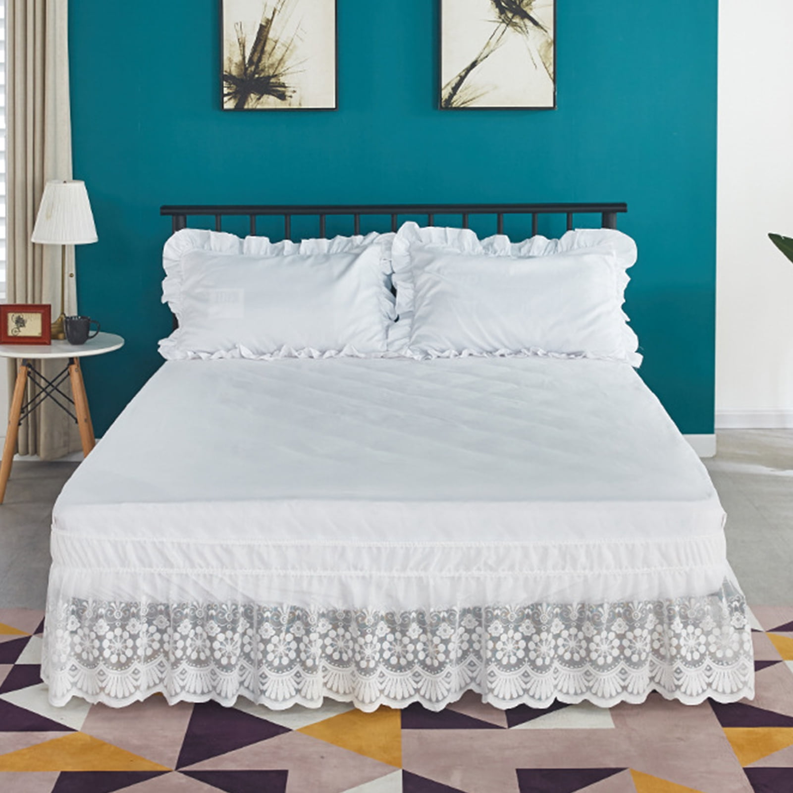 Adjustable Bed Skirt with Elastic Band Lace Bed Skirt 15 Drop Adjustable Elastic Dust Ruffle Wrap Around 3 Sides Machine for Twin/full/queen/king