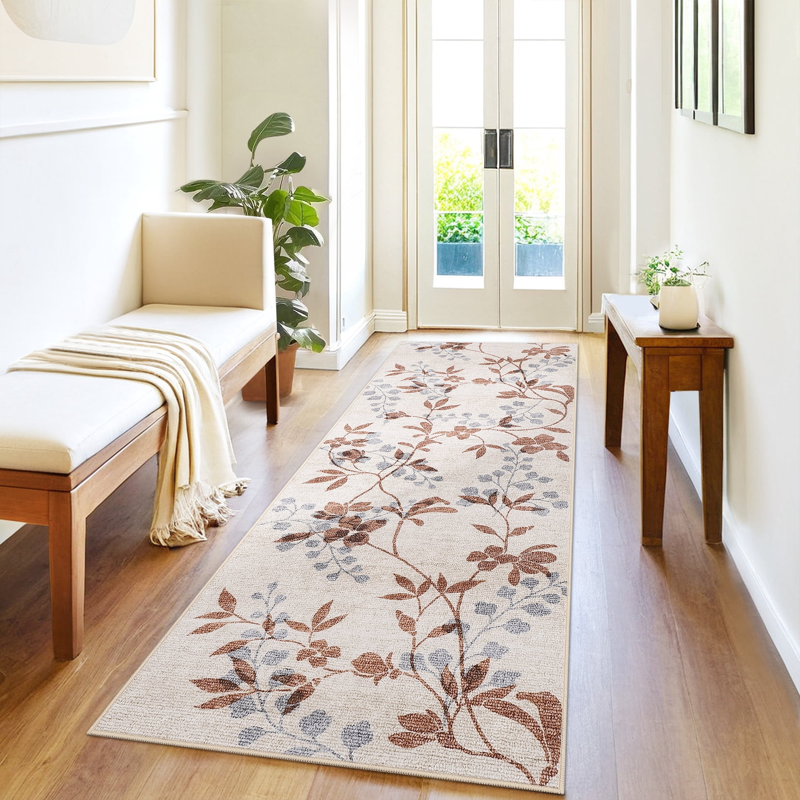 Garvee 2'x6' Modern Runner Rug Washable Floral Accent Carpet with Non-Slip Backing, Stain-Resistant Soft Rugs Low Pile Floor Mats, Botanical Print Rug for for Entryway, Hallway, Kitchen, Beige