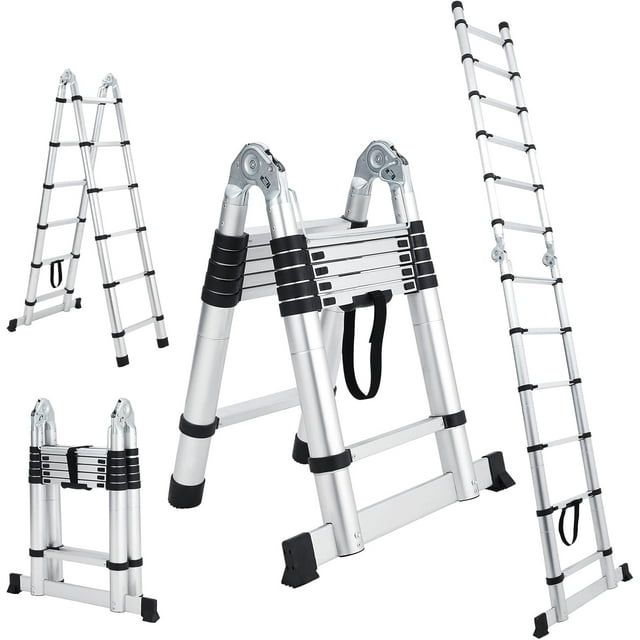 YUSAZENS Aluminum A-Frame Articulating Telescoping Ladder, 4.4m (14.5ft), Durable Foldable Extension Ladder for Outdoor Work