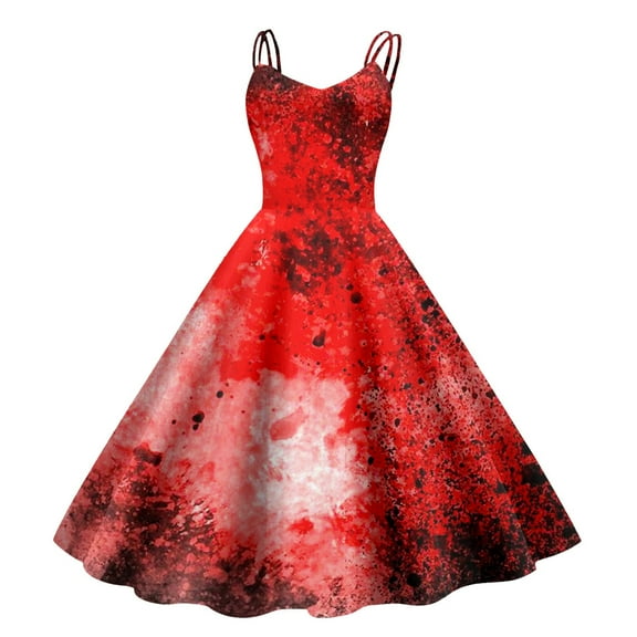 Women's Fashionable Retro Halloween Funny Printed Strap Casual Long Dress (4)Red S