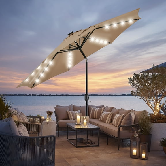 EDX 10ft Solar Polyester 32 LED Lighted Patio Umbrella with Tilt Adjustment and UV-Resistant Fabric,Khaki