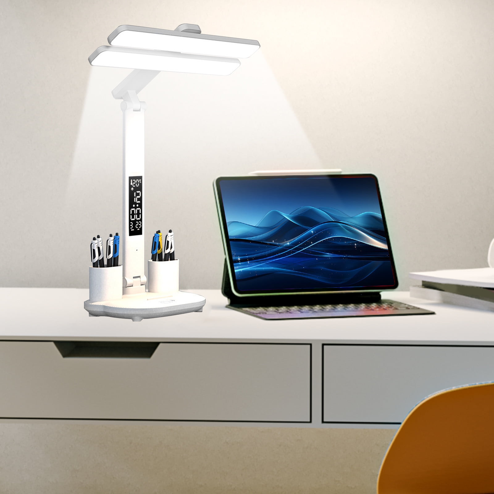 LED Desk Lamp with Pencil Sharpener | Foldable Eye-Care Reading Light | Adjustable Angle | Pen Holder Organizer | Type-C Rechargeable 2000mAh Battery | White | 13.39"x11.02"x6.89"
