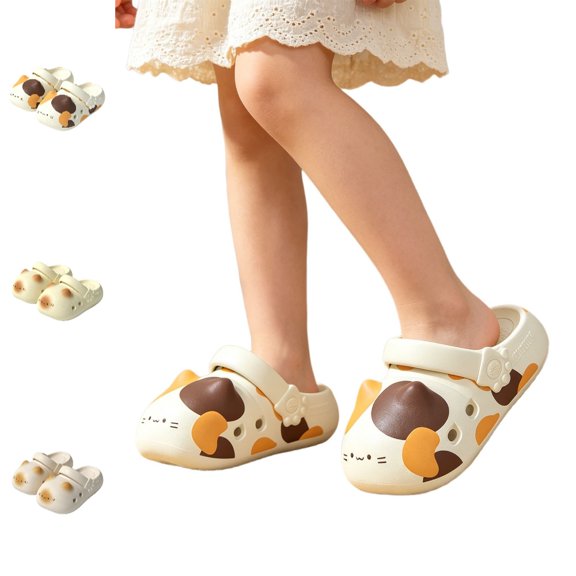GPOECD Girls Clogs Cat with Non Thick Sole Indoor Outdoor Toddler Kids Summer Slide Slippers Toddler Slippers Girl,Multicolour,11-11.5 Years