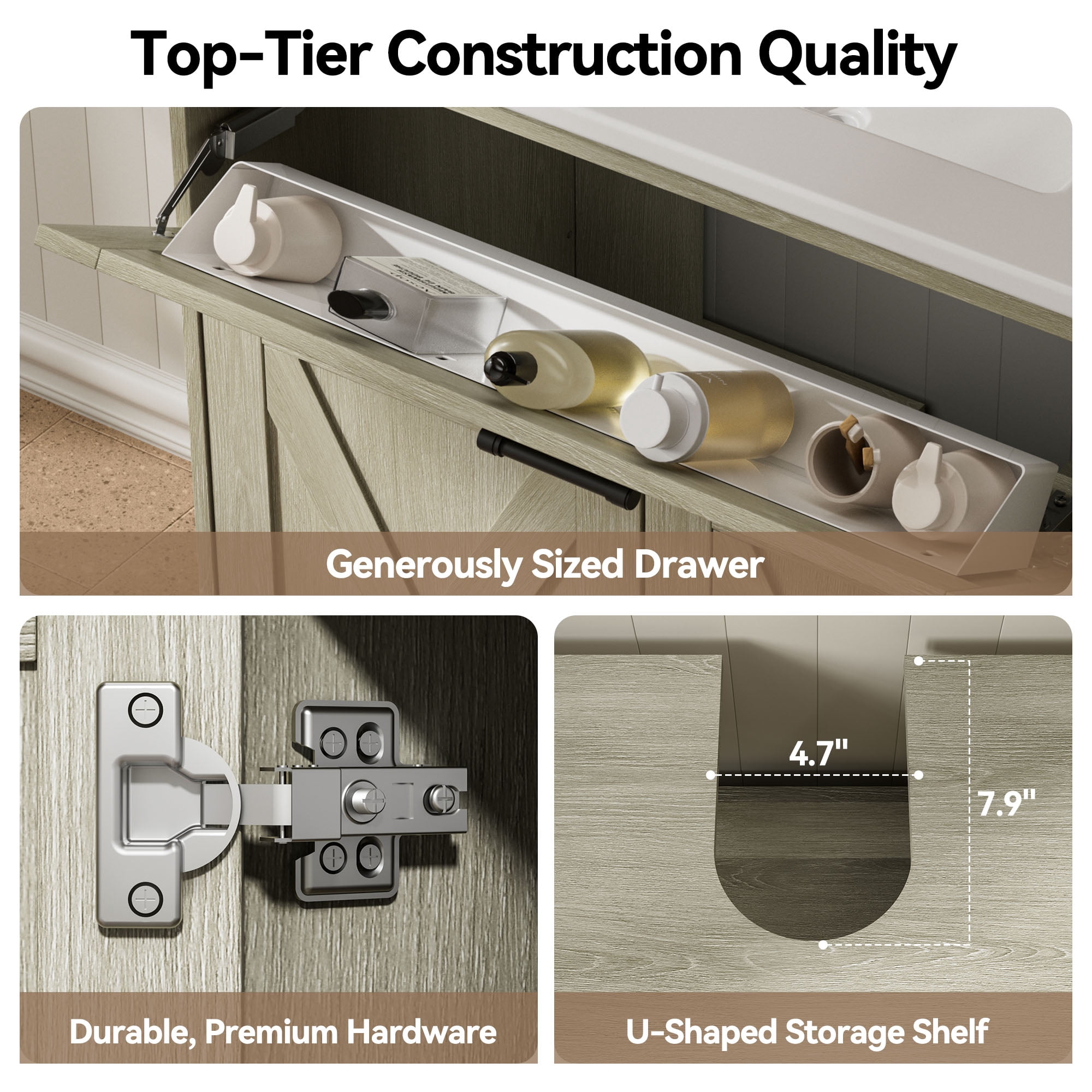 30 Inch Bathroom Vanity with Ceramic Sink, Freestanding Bathroom Sink Cabinet with Fluted Doors, 2 Doors and 1 Drawer, Adjustable Shelf, Farmhouse Bathroom Storage Combo, Grey