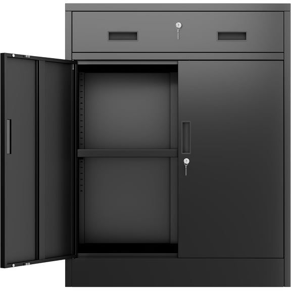 Metal Storage Cabinet with Drawer & Adjustable Shelf, Locking Short Cabinet for Office, Garage, Home, Black (36"H x 27.5"W x 16"D)
