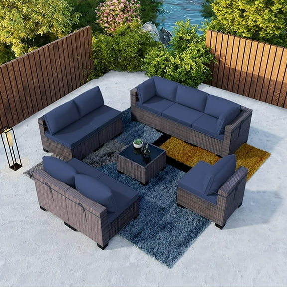 Gotland Outdoor Patio Furniture Set 9 Piece Sectional Rattan Sofa Set Rattan Wicker Patio Conversation Set with 5 Seat Cushions and 1 Tempered Glass Table,Dark Blue