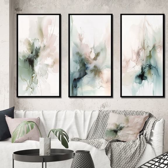 Designart "Modernity Essence Green and Cream III" Abstract Framed Wall Art Set Of 3 - Green Marble Frame Canvas Set For Living Room Decor