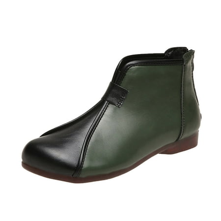 

nsendm Boots Women Flat Ladies Colorblock Leather Ethnic Round Toe Back Zip Flat Fashion Flat Booties Women Boots Shoes Green 8.5