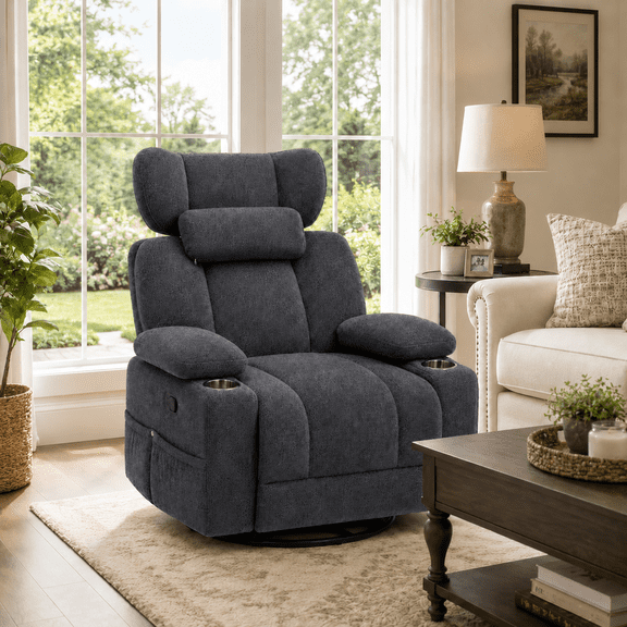 TiramisuBest Swivel Rocking Recliner Chair with Cup Holders,Big and Tall Manual Chenille Lounge Chair for Living Room,Dark Gray