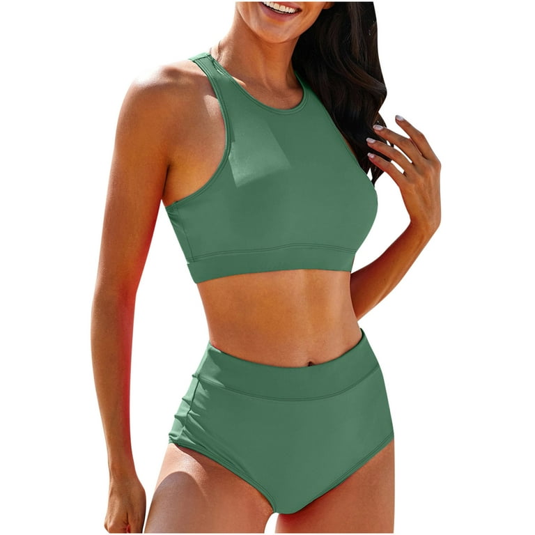 RQYYD Clearance Women Athletic Two Piece Swimsuits Sports High Waisted  Bathing Suit Crop Tops Bikini Set Tummy Control Tankini(Green,L)