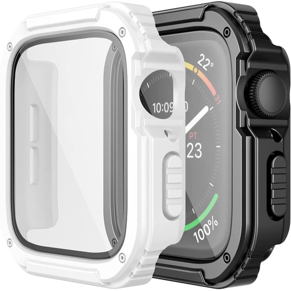 XIHAMA 2 Pack Rugged Case Compatible for Apple Watch 44mm Series SE/6/5/4 with Tempered Glass Screen Protector, Military All Around Hard TPU Protective Cover Case Shockproof Bumper for iWatch Men