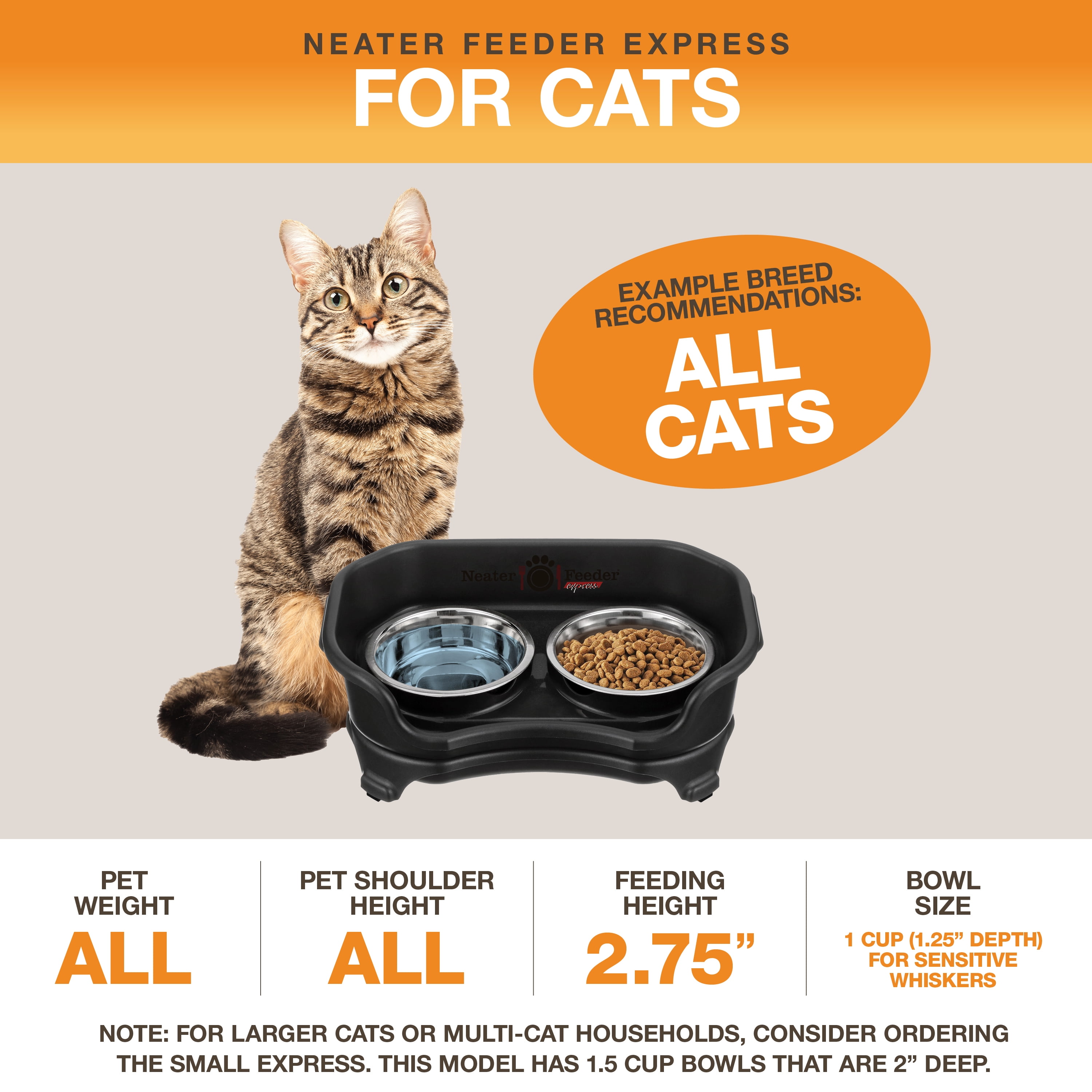 Neater Pets Neater Feeder Express Mess-Proof Elevated Food & Water Bowls for Cats, Black