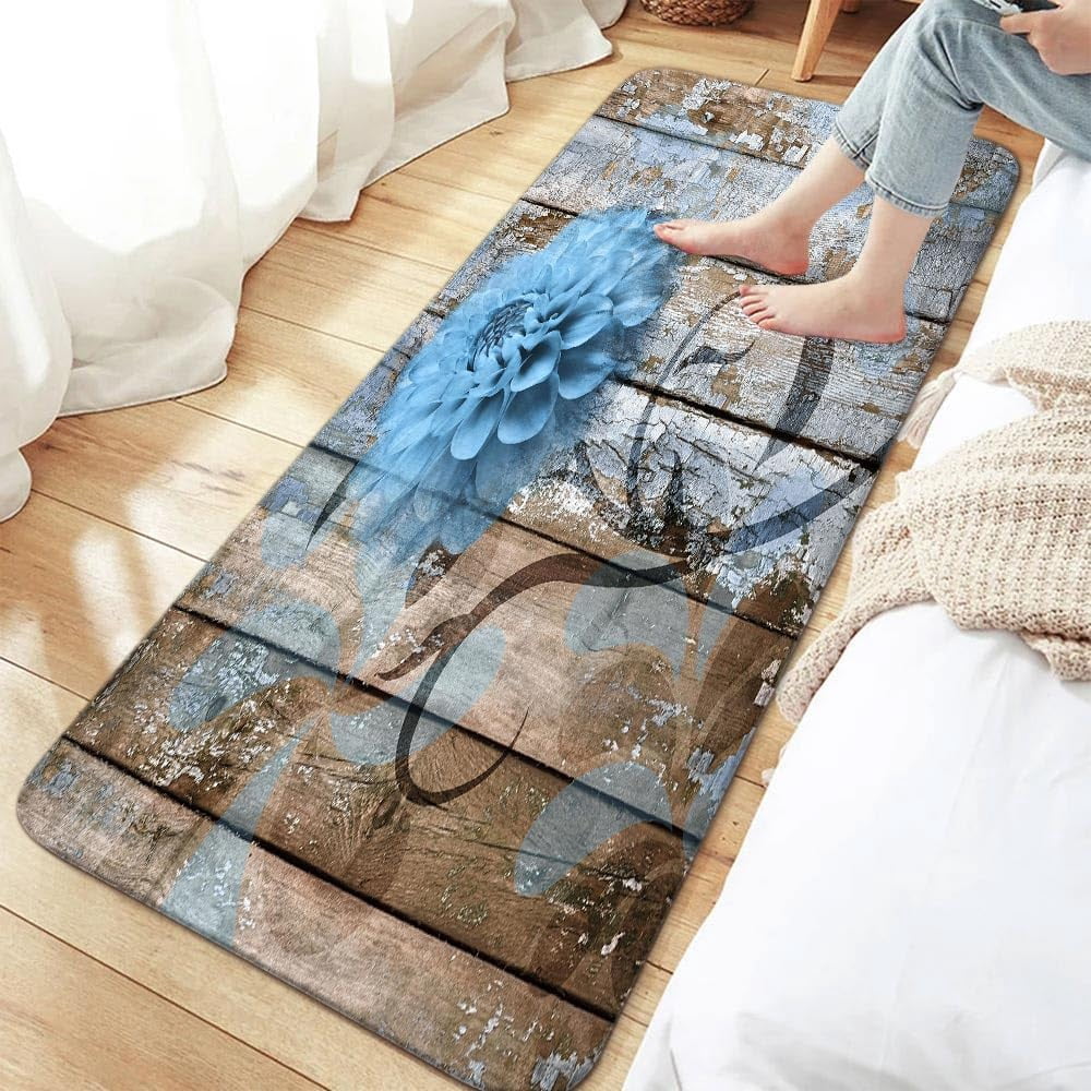Farmhouse Floral Flower Bath Mat, Dahlia Rustic Wooden Plank Country Barn Wood Blue Flower Non-Slip Flannel Soft Doormat Floor Entryways Outdoor Indoor Front Door Mat, (16X48)