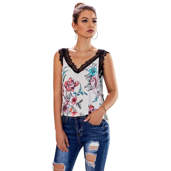 Sleeveless Tops For Women,Sleeveless Printed Top With A Loose Pullover And A Small Lace Camisole
