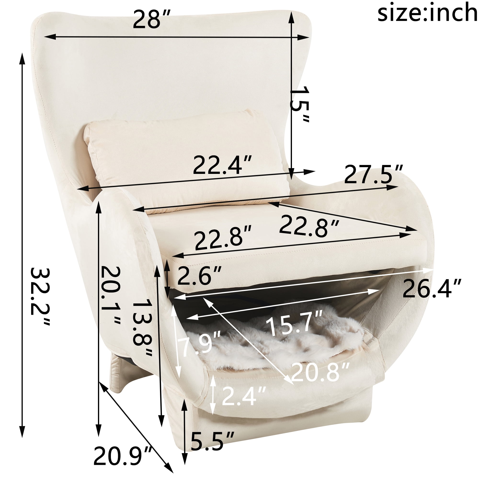 Euroco Furniture Style 2 in 1 Pet Friendly Modern Velvet Lounge Chair, Upholstered Back Accent Chair Leisure Single Sofa Chair for Living Room Office, White