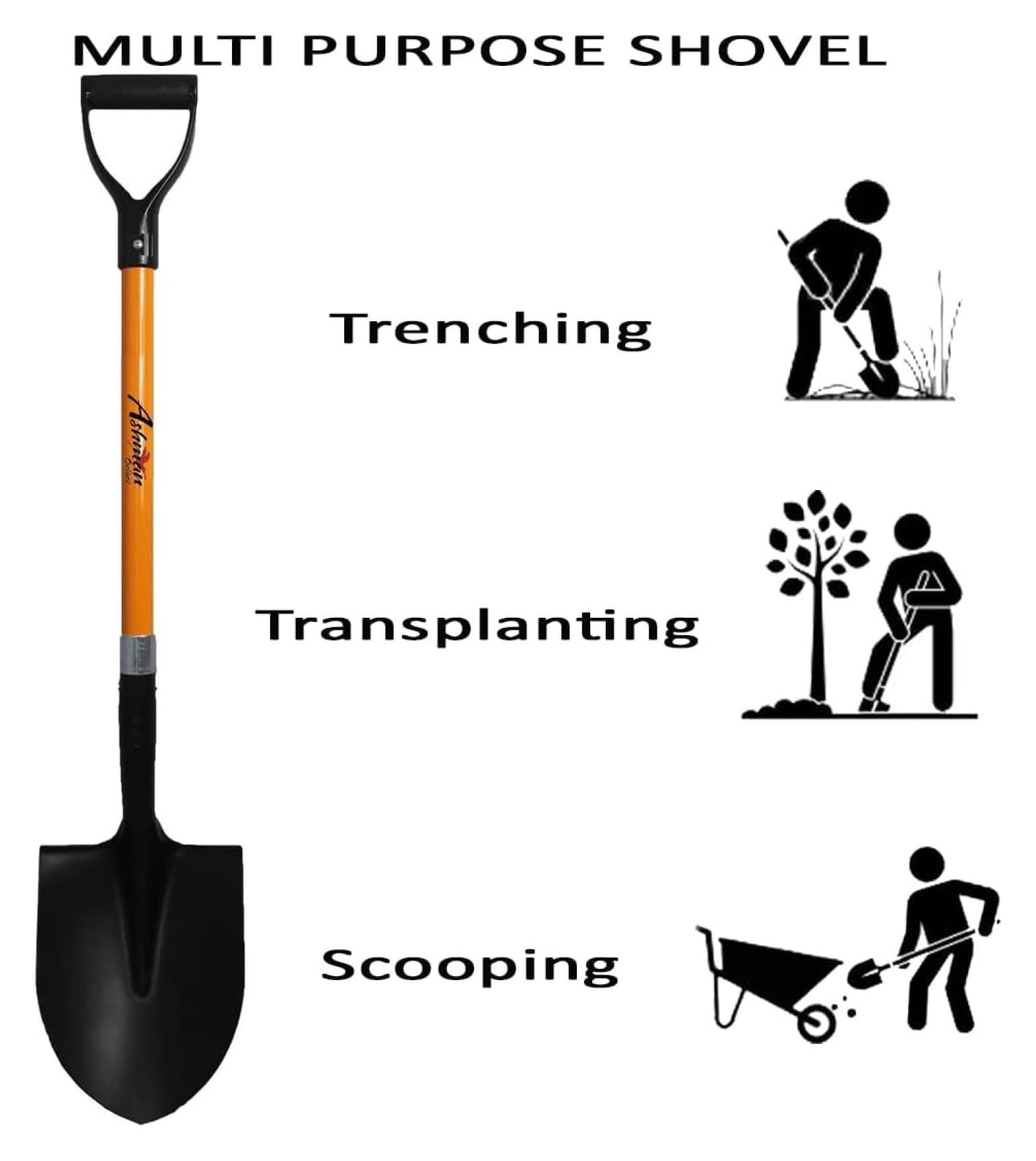 Ashman Heavy-Duty Digging Shovel (2 Pack) with Trenching Blade and 41-Inch Comfortable Handle - Ideal for Garden, Landscaping, Construction, and Masonry - Perfect for Digging Soil, Dirt, and Gravel.