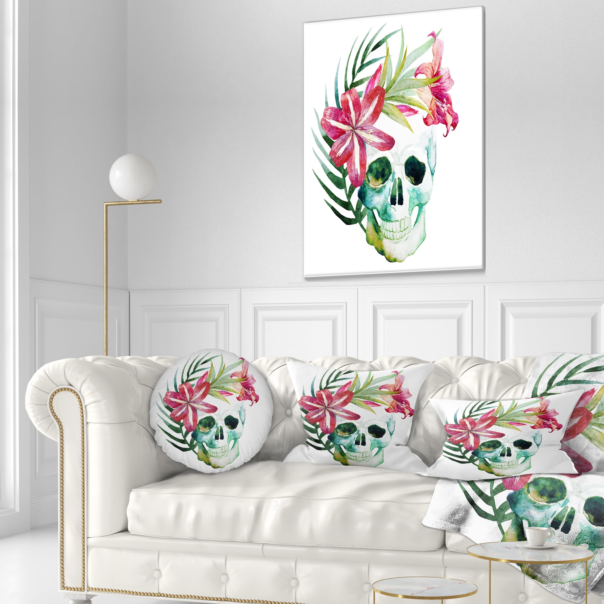 Designart Watercolor Skull with Flowers - Floral Throw Pillow - 12x20