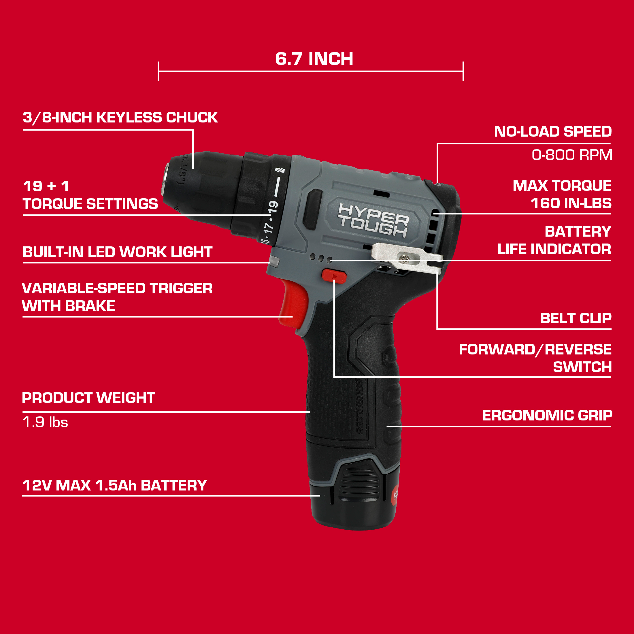Taladro inalámbrico Hyper Tough de 12V sin escobillas con batería de 1.5Ah 4