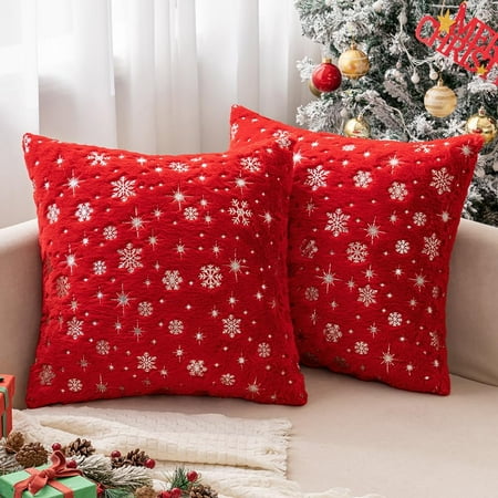 

MIULEE Christmas Set of 2 Decorative Throw Pillow Covers Soft Faux Fur Pillow Cases Covers with Silver Snowflake Glitter Printed Cute Pillowcases for Couch Sofa Bed Girls Room 16x16 Inch Red