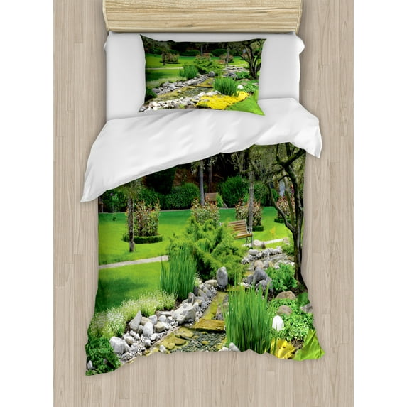 Garden Duvet Cover Set Twin Size, Japanese Park Style Recreational View with Pond Grass Stones and Trees Landscape Print, Decorative 2 Piece Bedding Set with 1 Pillow Sham, Green, by Ambesonne