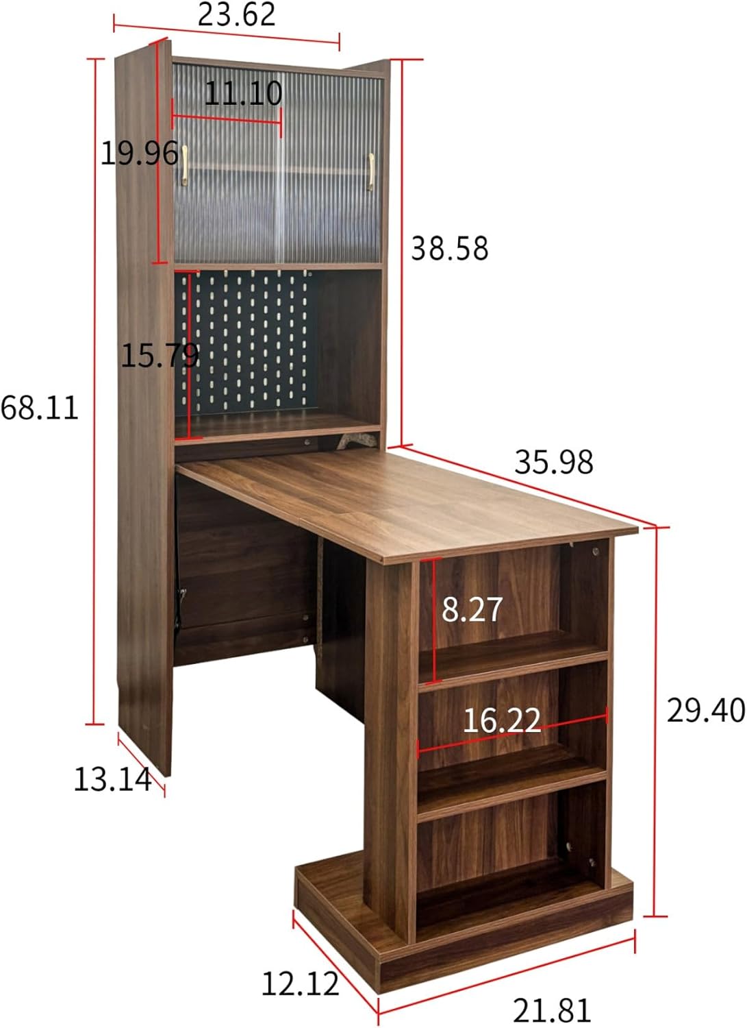 I Folding Home Office Desks with Pegboard, Glass Doors, Bookshelf & Storage Shelves, Modern Wooden Computer Table Workstation for Work, Study, Writin