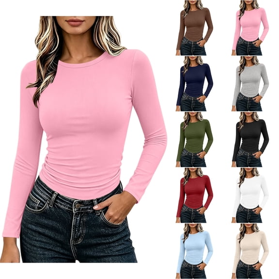Womens Long Sleeve Layering Tops Zaewscy Women's Solid Color Crew Neck Long Sleeve T-Shirt Casual Classic Layering Top Pink S