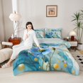 thumbnail image 4 of Homewish Blue Flower Floral Queen Comforter Set for Women, Fashion Marble Artwork Bedding Sets, Splash Watercolor Reversible Bedding Comforter Set, Luxury Bedroom Decor, 3pcs, 4 of 8