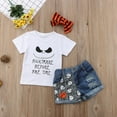 thumbnail image 7 of Qiylii Girl 3 Pieces Halloween Outfit, Letter T shirt+ Ripped Shorts + Headband, 7 of 7