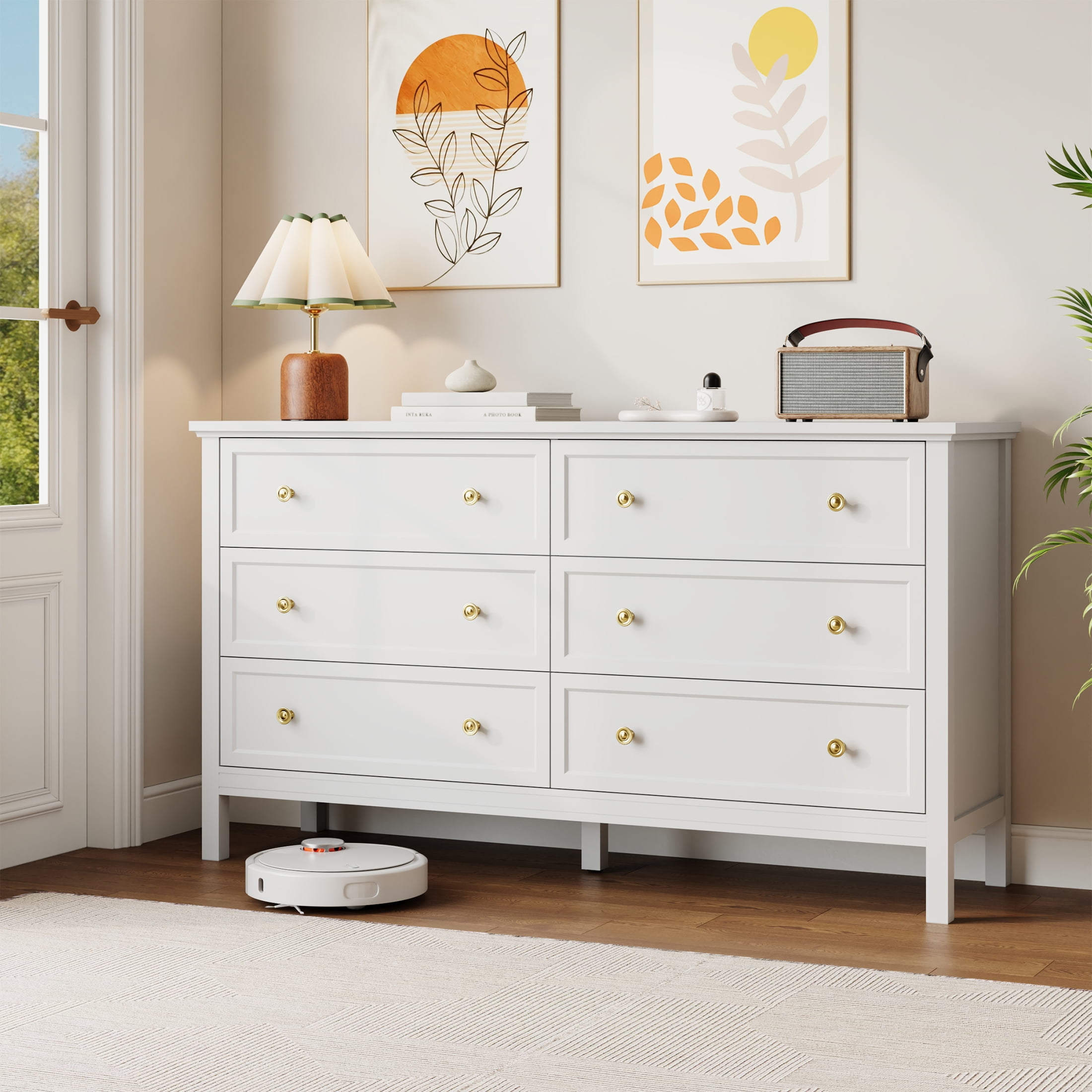 YouTrend White Large Dresser with 6 Drawer for Bedroom,Traditional Adult Storage Cabinet with Golden Handles for Living Room,Hallway