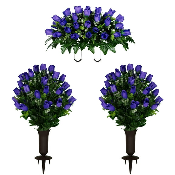Sympathy Silks Artificial Cemetery Flowers Purple Rose Bud Saddle and 2 Bouquet with Vase