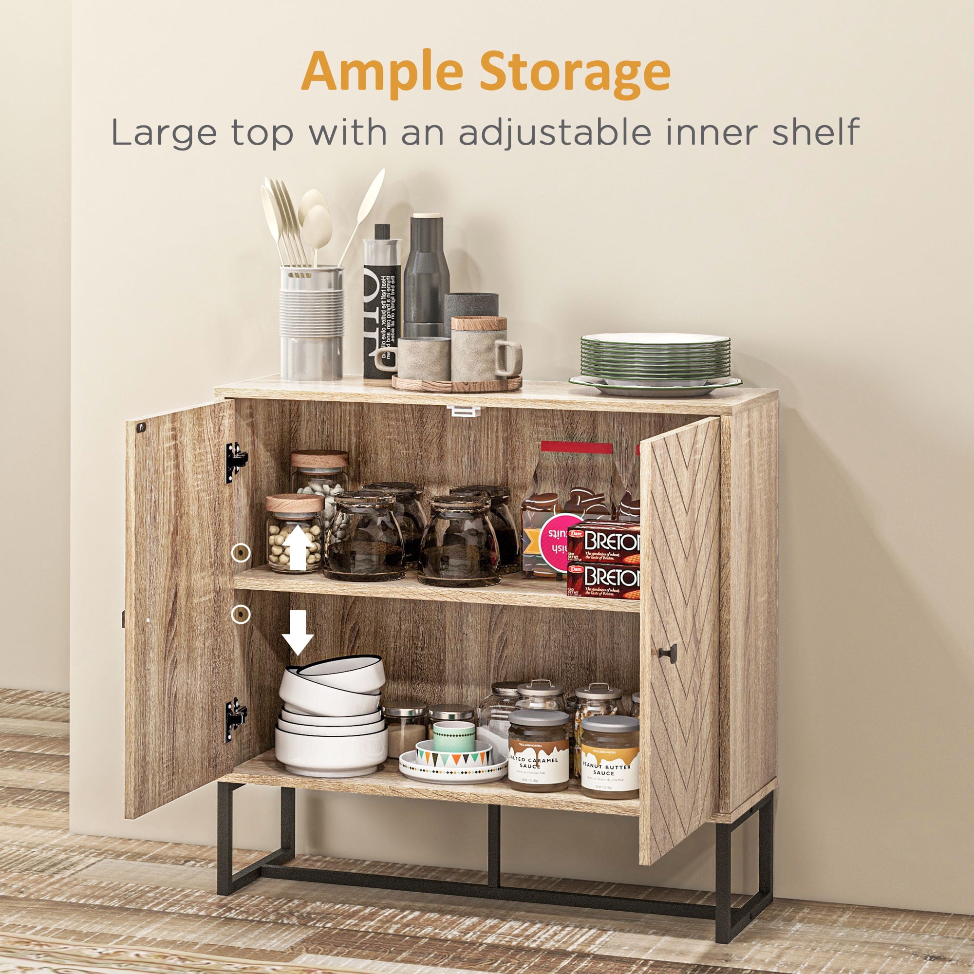 HOQBN 2‑Tier Storage Cabinet with Sturdy Steel Frame, Practical Handles and Decorative Tabletop, Unique Stylish Storage Unit for Living Room Bedroom Entryway