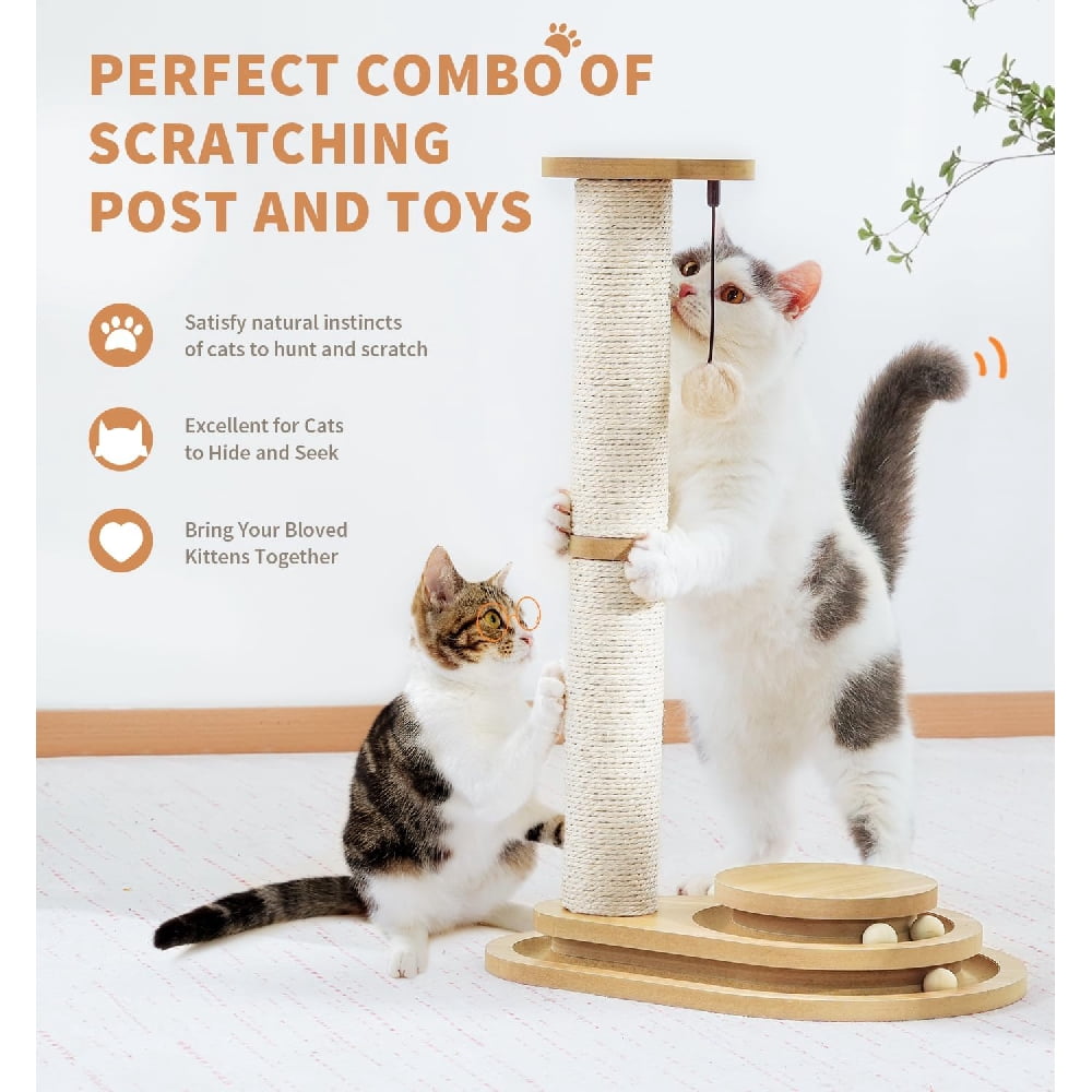 Cat Scratching Post for Indoor Cats, 23.4" Tall 2-Layer Sisal Cat Scratcher with Interactive Wooden Ball Track & Dangling Teaser Ball, Anti-Tip Solid Wood Base Kitten Play Toy