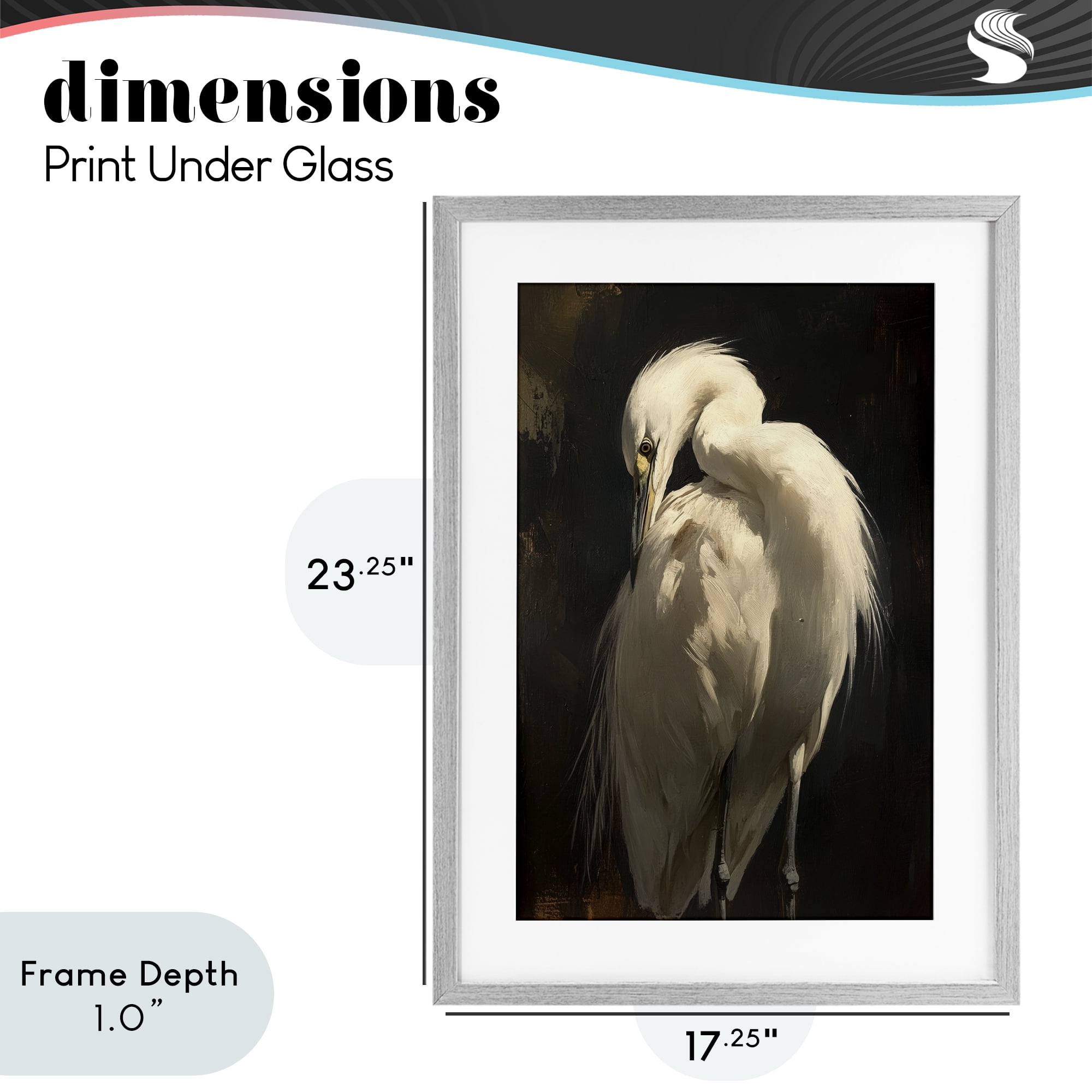 Stupell Industries Feathered Egret in Soft Light Gray Framed Print Under Glass, design by Petal Prints Design
