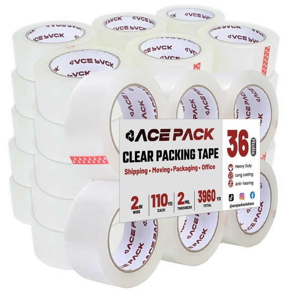 Ace Pack 2" Wide x 110 Yards Per Roll, 2.0 Mil Thick Heavy Duty Clear Packing Tape Sealing Tape Shipping Tape 36 Rolls