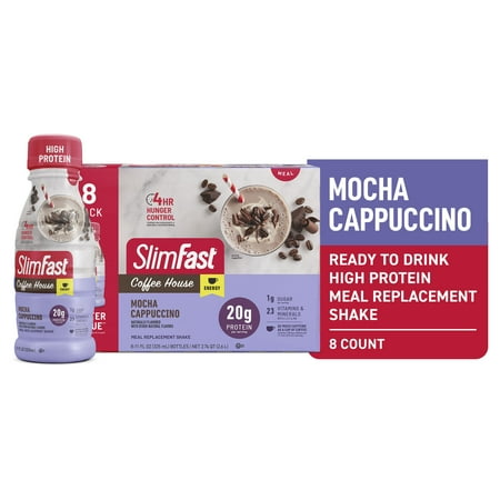 SlimFast Meal Replacement Energy High Protein Shake, Mocha Cappuccino, 11 Fl Oz Bottle, 8 Pack
