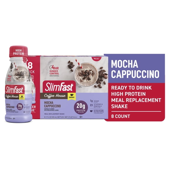 SlimFast Meal Replacement Energy High Protein Shake, Mocha Cappuccino, 11 Fl Oz Bottle, 8 Pack