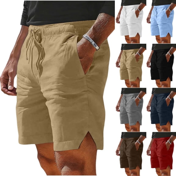 DDAPJ pyju Men's Beach Shorts Elastic Waist Cotton Linen Short Pants Summer Casual Vacation Shorts with Pockets Father's Day Gifts Black L