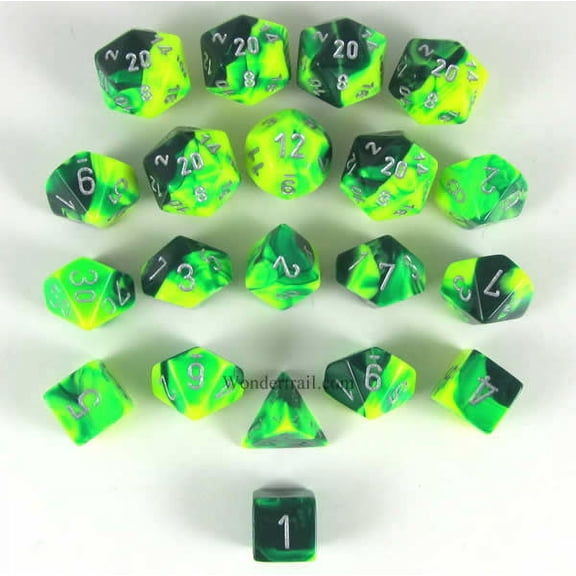 Green and Yellow Gemini Dice with Silver Numbers 16mm (5/8in) Pack of 20 Chessex
